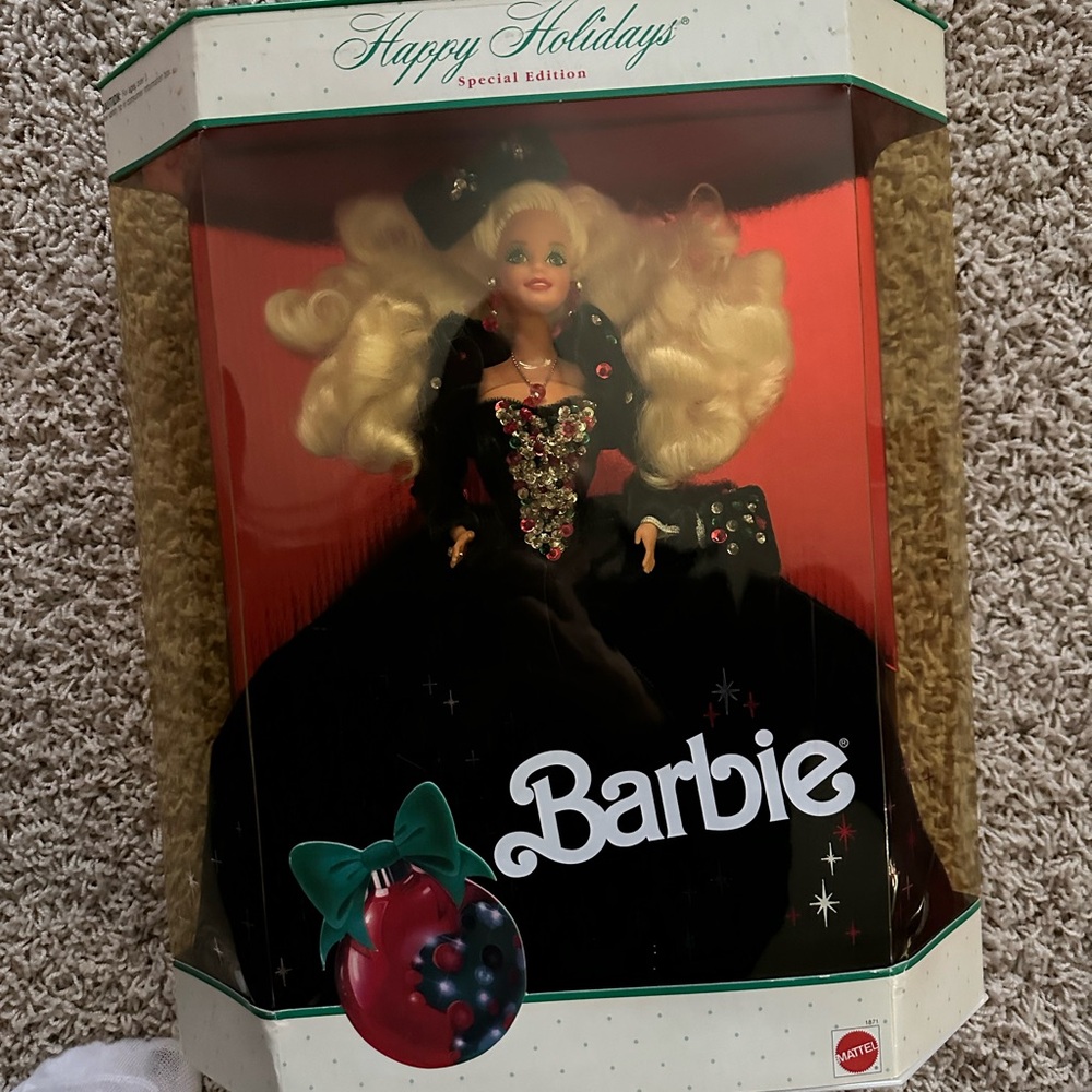 1991 Barbie Black Holiday Gown with Gold and Red Jewel Accents